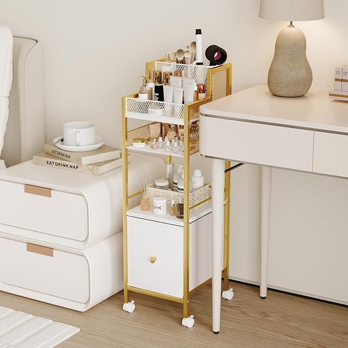 Makeup Organizer Storage Cart with Drawers, Large Floor Makeup Skincare Organizers, Rolling Makeup Cart Vanity Organizer Cosmetics Display Cases Holder for Nail Polish Brush Hair Tool（Gold）