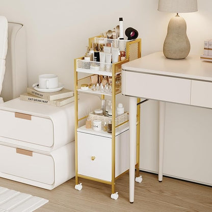 Makeup Organizer Storage Cart with Drawers, Large Floor Makeup Skincare Organizers, Rolling Makeup Cart Vanity Organizer Cosmetics Display Cases Holder for Nail Polish Brush Hair Tool（Gold）