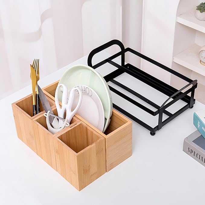 Silverware Caddy Wood Utensil Holder Paper Plate Dispenser Diningware storage box Cutlery Flatware Organizer Box for Spoons Forks Plates Napkins