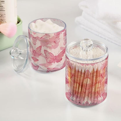 2 Pack Pink Butterflies Apothecary Jars with Lid, Qtip Holder Storage Containers for Cotton Ball, Swabs, Pads, Clear Plastic Canisters for Bathroom Vanity Organization (10 Oz)