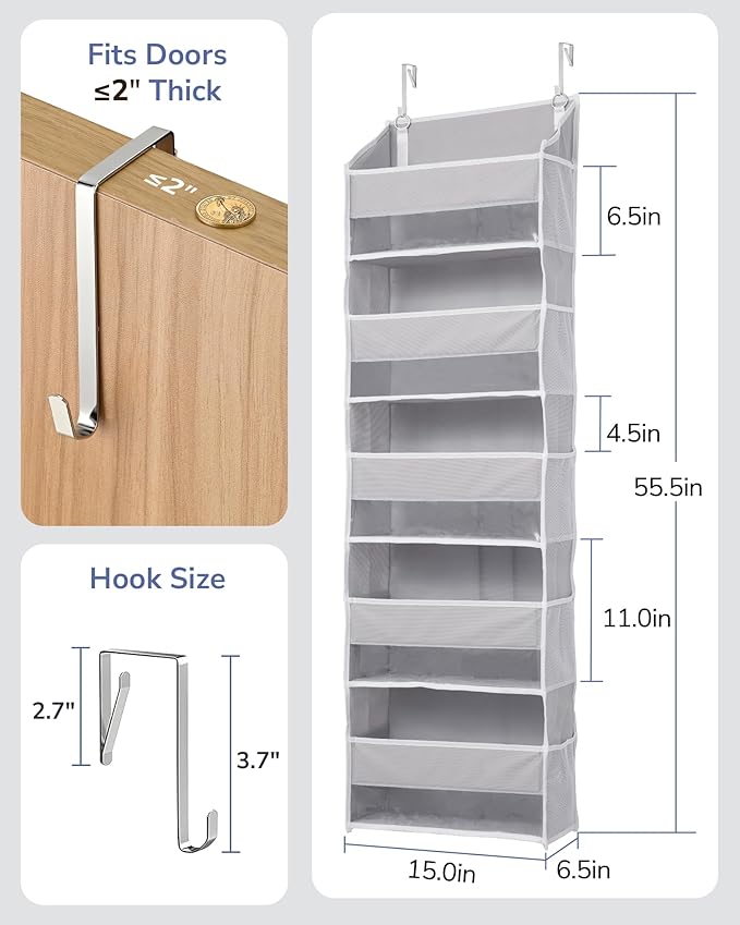 ULG 1 Pack Over Door Organizer with 5 Large Pockets 10 Mesh Side Pockets, 44 lbs Weight Capacity Hanging Storage Organizer with Clear Window for Kids Toys, Shoes, Diapers, Grey, 5 Layer