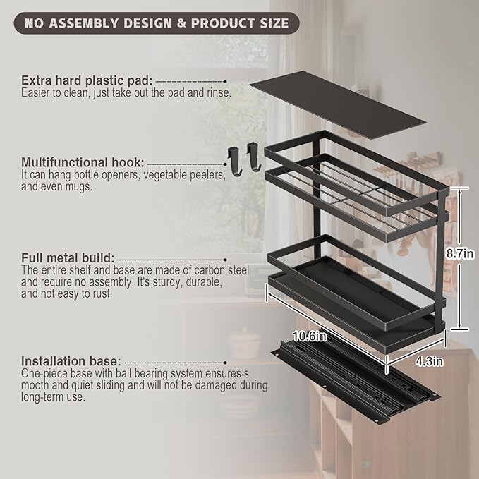 Magheo Pull Out Spice Rack Organizer for Cabinet, 4 Pack Metal Seasoning Organizer Slide Out Spice Storage Shelf No Assembly Vertical Spice Rack Pullout for Kitchen & Bahthroom No Drill(2 Tier,Black)