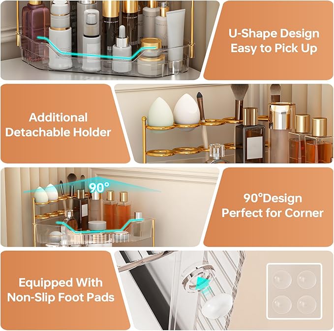 Corner Bathroom Counter Organizer with Makeup Brush Holder & Toothbrush Holders, Makeup Organizer for Vanity Countertop, Acrylic Skincare Storage Shelf (Clear, 3-Tier)