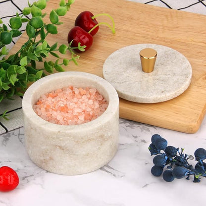 Marble Salt Cellar with Lid, 4 inch Natural Stone Salt Pepper Box, Alloy Lid for Kitchen Countertop Storage (Viva jade, 4 * 3.5)