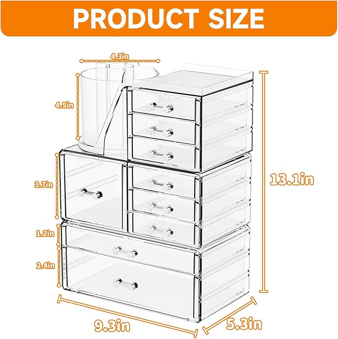 SuoXing 3 Pack Clear Acrylic Makeup Organizer for Vanity With 9 Drawer, Skincare Organizers Countertop With Make up Brush Holder,Bathroom Make up Drawer Storage for Beauty,Hair Accessories Organizer | Cute, with Brush Holder, Lipstick