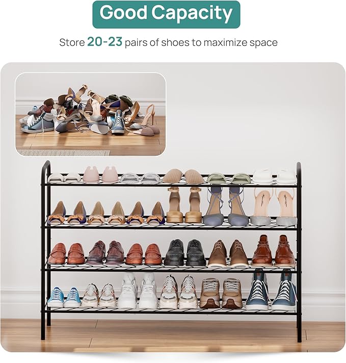 viewcare Long Shoe Rack for Closet, 4-Tier Extra Long Shoe Rack for Entryway & Garage, Black Shoe Organizer Holds 20-23 Pairs, Sturdy Metal Construction