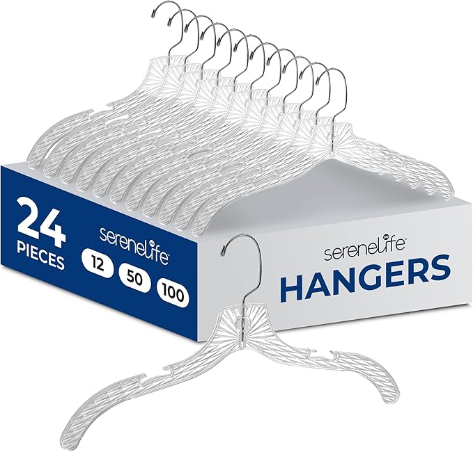 SereneLife 24 Pack Transparent Plastic Hangers, Crystal Clear, Non-Slip with Notched Shoulders, Ultra-Thin Space Saving, Closet & Retail Use, with Swivel Hook for Clothes, Shirts, Dresses, Jackets