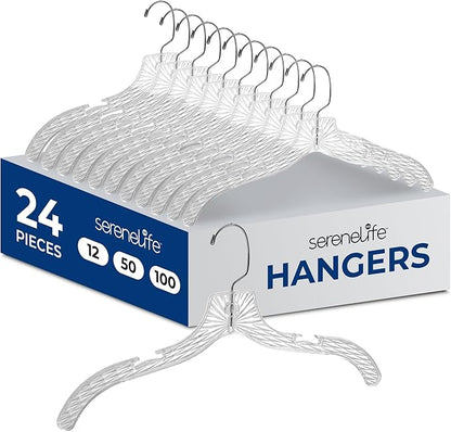 SereneLife 24 Pack Transparent Plastic Hangers, Crystal Clear, Non-Slip with Notched Shoulders, Ultra-Thin Space Saving, Closet & Retail Use, with Swivel Hook for Clothes, Shirts, Dresses, Jackets