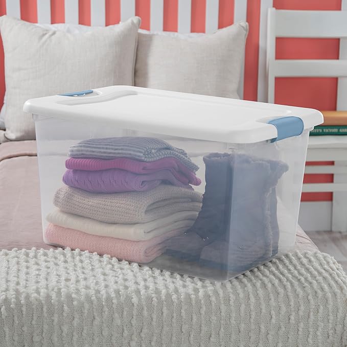 Sterilite 4-Pack 64 Quart Latching Box, Clear Plastic Storage Organizer Bins with White Lids - Large Stackable Containers for Home Bedroom, Dorm Room, and Closet Organization
