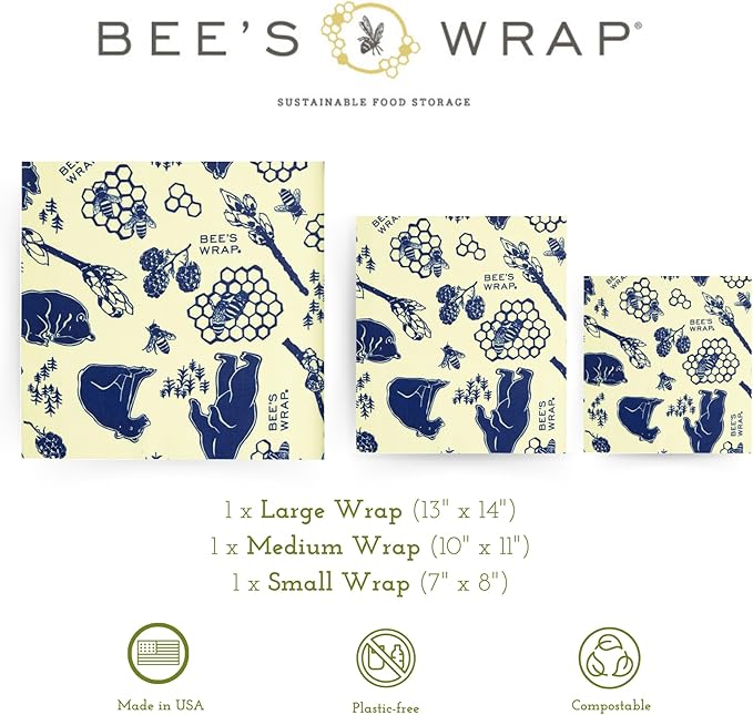 Bee's Wrap Beeswax Wraps for Food - 3 Pack of Assorted Beeswax Wraps - Small, Medium & Large Wrap - Plastic Free Made in USA Reusable Natural Food Wrap - Bees & Bears Print