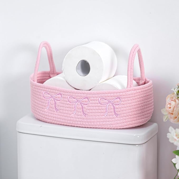 Vesici Pink Bow Woven Storage Basket for Toilet Tank Top Boho Cotton Rope Bathroom Countertop Organizer Basket with Handle Pink Bathroom Decor for Bedroom Nursery Toys Organizing, 13 x 6 x 4 Inch
