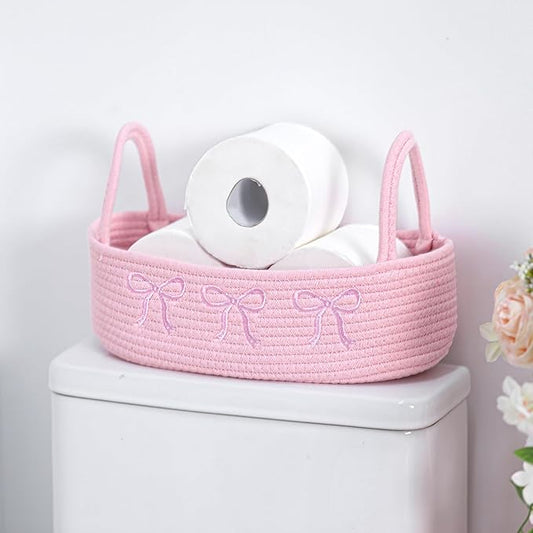 Vesici Pink Bow Woven Storage Basket for Toilet Tank Top Boho Cotton Rope Bathroom Countertop Organizer Basket with Handle Pink Bathroom Decor for Bedroom Nursery Toys Organizing, 13 x 6 x 4 Inch