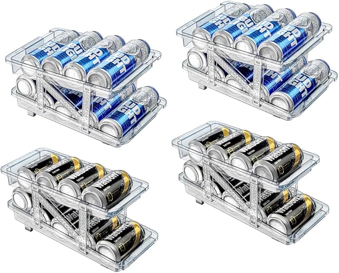 Xicennego Set of 4 Adjustable Soda Can Organizer for Refrigerator, Cabinets, Countertops, Beverage Can Dispenser for Fridge, for Standard Cans, Skinny Cans, And Tall Cans (Blue)
