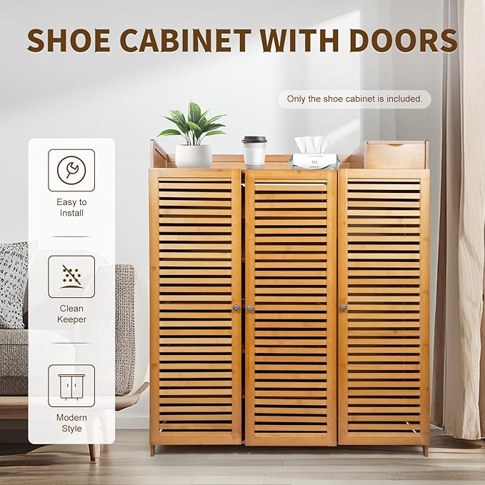 Bamboo Shoe Cabinet 7 Tier Free Standing Shoe Storage Cabinet Shoe Organizers Shoe Storage Cabinet with Door for Entryway Hallway Living Room Bedroom (7 Tier)
