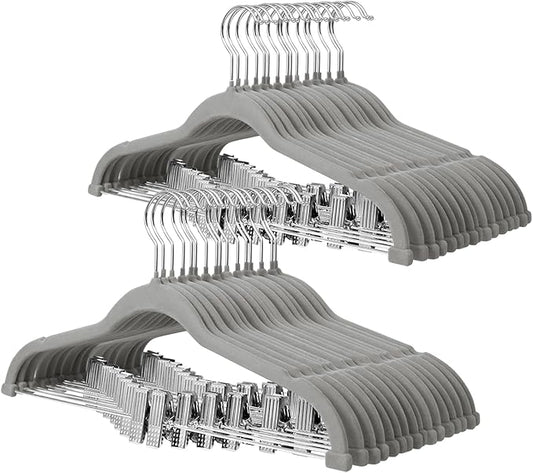 ManGotree Pants Hangers with Movable Clips, Non-Slip Velvet Skirt Hangers, Space-Saving Clothes Hangers for Pants, Skirts, Shirts, Coats, Dresses (32 Pack, Grey)