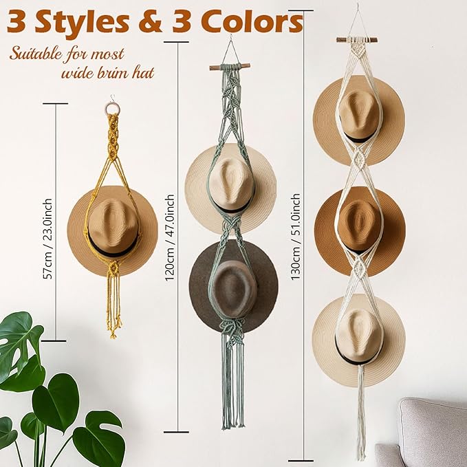 Bohemian Hat Rack Hat Hanger, Macrame Hat Organizer for Wall Hanging, Handmade Hat Holder, Hat Storage for Wide-Brim Hats, Boho Hat Display for Bedroom, Living Room(3 Styles & 3 Colors)