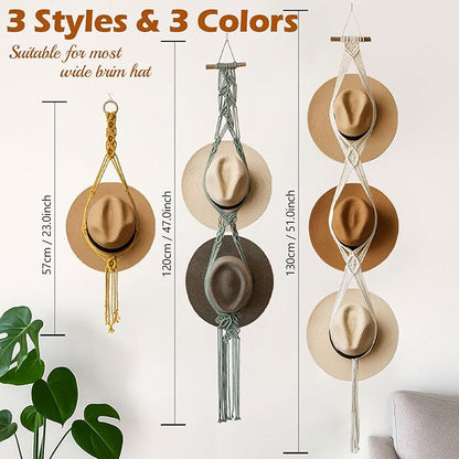 Bohemian Hat Rack Hat Hanger, Macrame Hat Organizer for Wall Hanging, Handmade Hat Holder, Hat Storage for Wide-Brim Hats, Boho Hat Display for Bedroom, Living Room(3 Styles & 3 Colors)
