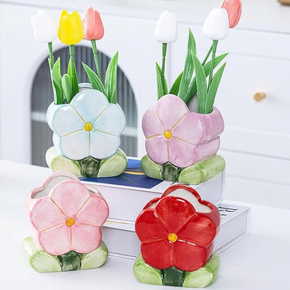 TANG SONG Ceramic Bloom Five Petals Make up Brush Holder Flower Cosmetic Storage Box Pen and Pencil Holder Desktop Organizers (Red)