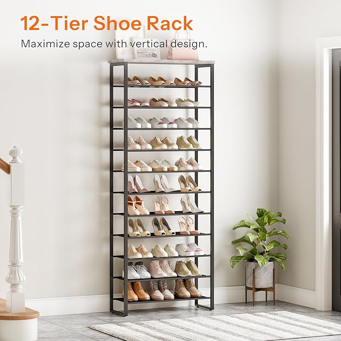 HOOBRO 12-Tier Shoe Rack for Entryway, 29.5" L Shoe Storage Organizer, Large Capacity Shoe Shelf for Closet, Front Door Entrance, Hallway, Holds 36-48 Pairs of Shoes, Greige and Black BG127XJ01
