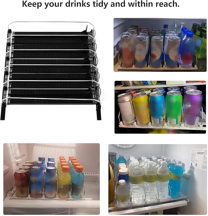 Fridge Drink Dispenser: Adjustable Width, Rainproof Design, Self Pushing Soda Can Organizer, Ideal for Soda and Beer, Black (5PCS)