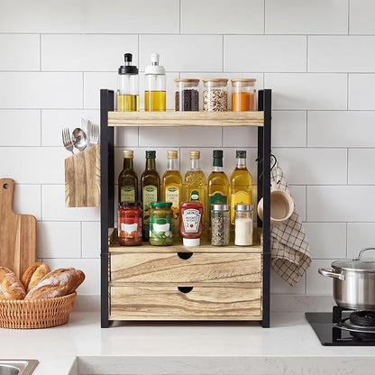 2-Tier Bathroom Counter Organizer with 2 Drawers, Basket and Hooks, Wood Bathroom Organizers and Storage for Countertop, Farmhouse Bathroom Countertop Organizer for Vanity, Kitchen, Coffee Bar, Office
