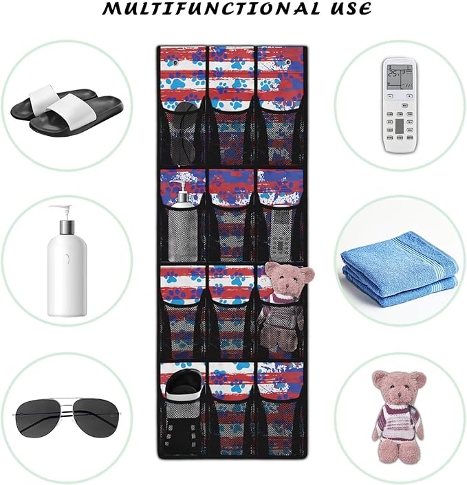 Striped Dog Paws Over the Door Shoe Organizer,Hanging Storage Bags with 12 Mesh Large Pockets,Hanging Shoe Storage Hanging Bag