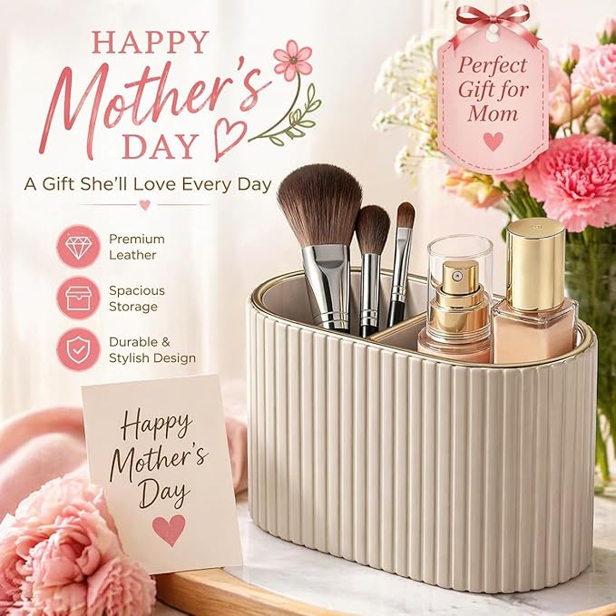KINGFOM Makeup Brush Holder Organizer with Divider, PU Leather Vanity Brush Holder for Bathroom Countertop & Dressing Table, Cosmetic Desktop Storage Caddy for Makeup Tools Oval, Gift for Women Beige