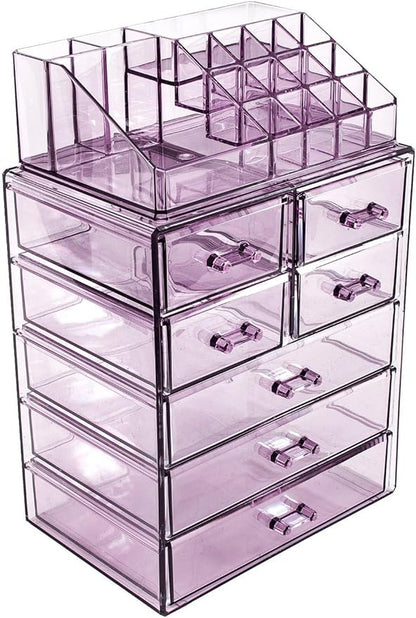 Sorbus Acrylic Makeup Organizer Set, 7-Drawer Vanity & Countertop Cosmetic Storage with Small & Wide Compartments, Purple Makeup Storage for Brushes, Jewelry – Holiday Gift for Women & Teens