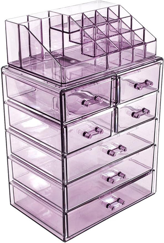 Sorbus Acrylic Makeup Organizer Set, 7-Drawer Vanity & Countertop Cosmetic Storage with Small & Wide Compartments, Purple Makeup Storage for Brushes, Jewelry – Holiday Gift for Women & Teens