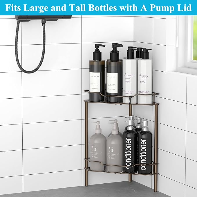 HuggieGems 2 Tier Floor Standing Corner Shower Caddy Organizer Shelf with Hooks, Bathroom Shelves Stand Rack, Bronze