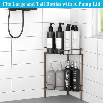 HuggieGems 2 Tier Floor Standing Corner Shower Caddy Organizer Shelf with Hooks, Bathroom Shelves Stand Rack, Bronze