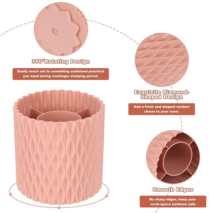 Makeup Brush Holder Organizer - 360° Rotating, 5-Slot Brush Cup for Cosmetics, Lipsticks, Pens | Vanity & Desk Organizer (Pink)
