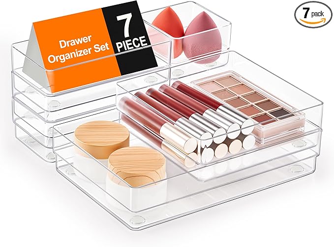 SMARTAKE 7-Piece Drawer Organizer with Non-Slip Silicone Pads, 4-Size Desk Drawer Organizer Trays Storage Tray for Makeup, Jewelries, Utensils in Bedroom Dresser, Office and Kitchen (Clear)