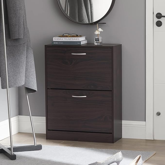 Haotian Narrow Shoe Cabinet for Entryway, Slim Freestanding Shoe Rack with 2 Flip-Drawers, Hidden Storage Shoe Organiazer Entrance Hallyway Mudroom, Brown, FSR110-K-BR (9.4" D x 23.6" W x 31.5" H)