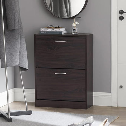 Haotian Narrow Shoe Cabinet for Entryway, Slim Freestanding Shoe Rack with 2 Flip-Drawers, Hidden Storage Shoe Organiazer Entrance Hallyway Mudroom, Brown, FSR110-K-BR (9.4" D x 23.6" W x 31.5" H)