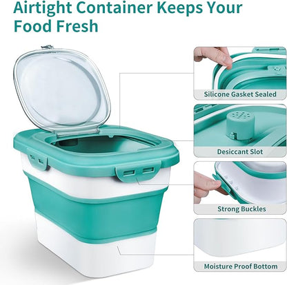 Komzon Rice Storage Container, Collapsible Airtight Food Storage Containers 6-20 Lbs, Rice Dispenser with Measuring Cup and Small Bin for Flour Cereal Pasta Grain, Cat Pet Dog Bird Food Container