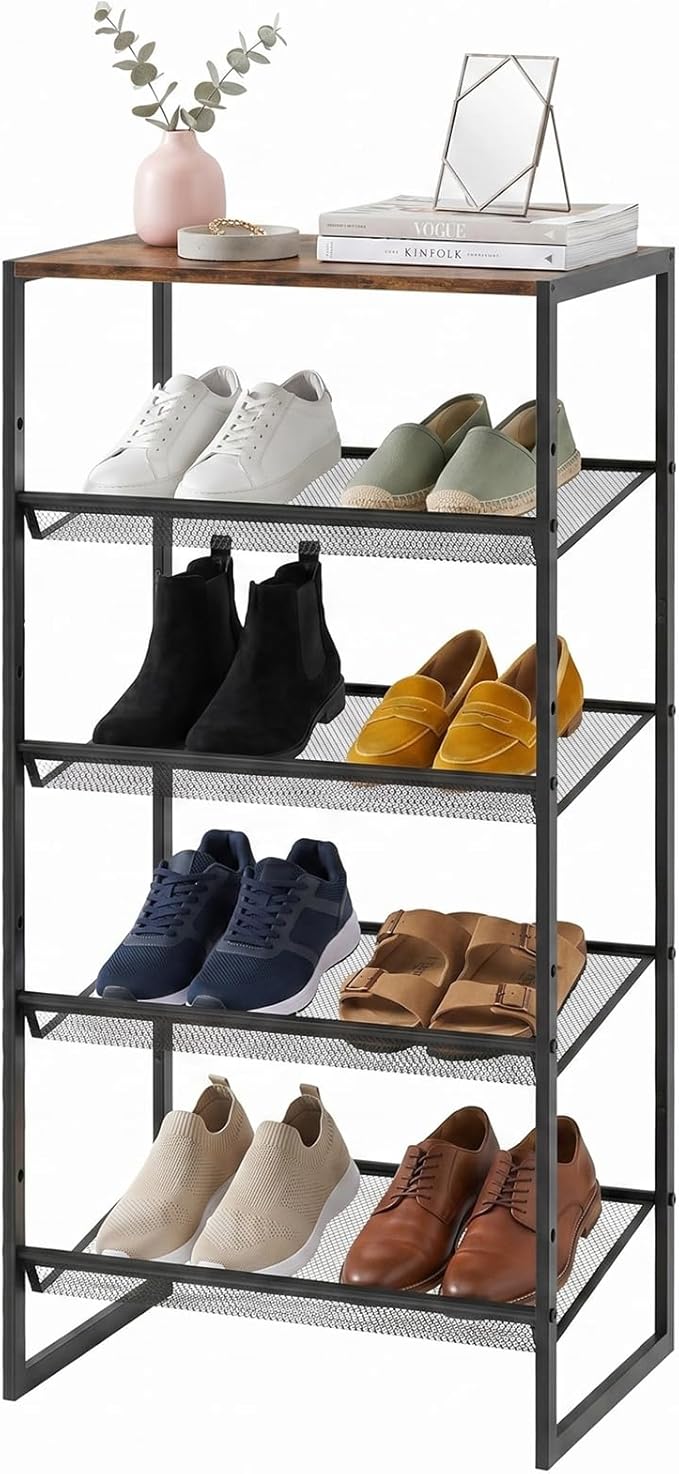 Shoe Rack，5 Tier Shoe Storage Organizer，Sturdy Shoe Shelf,Boot Rack with a Fine Mesh Shelves，for Entryway, Living Room, Hallway，Small Space,11.8 x 16.5 x 27.9 Inches,Brown