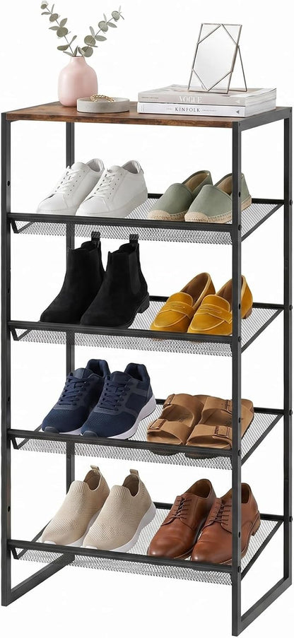 Shoe Rack，5 Tier Shoe Storage Organizer，Sturdy Shoe Shelf,Boot Rack with a Fine Mesh Shelves，for Entryway, Living Room, Hallway，Small Space,11.8 x 16.5 x 27.9 Inches,Brown