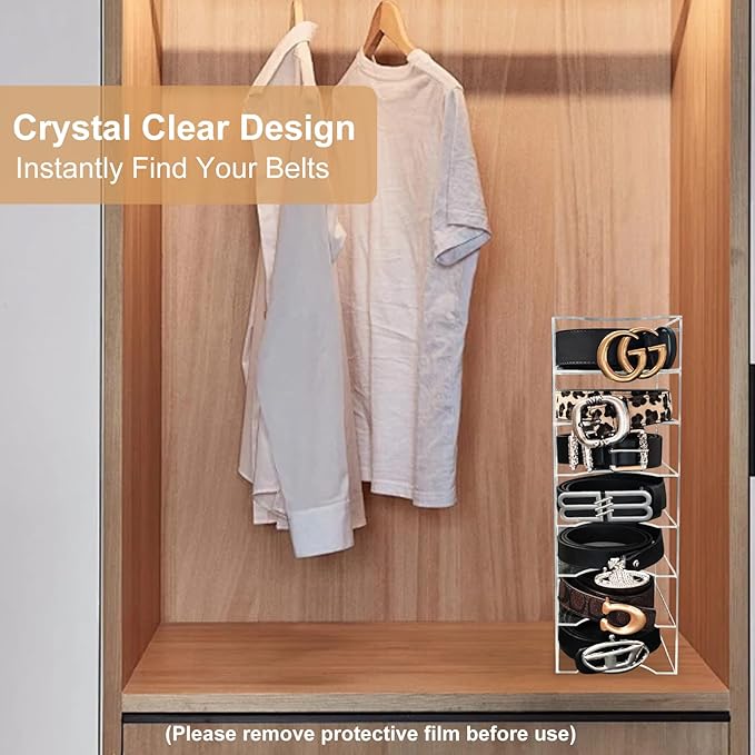 Belt Organizer Storage for Closet, Acrylic Belt Holder Box with 7 Compartments for Drawer, Clear Tie Display Case for Men Women, Home Organization