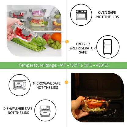 HOMBERKING Glass Food Storage Containers with Lids, [18 Piece] Glass Meal Prep Containers, Airtight Lunch Bento Boxes, BPA-Free & Leak Proof (9 lids & 9 Containers) - Grey