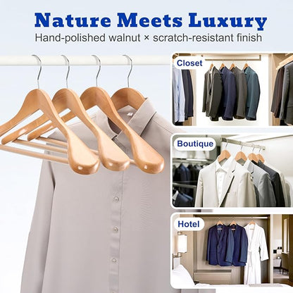 HOUSE DAY Wide Shoulder Wooden Hangers 12 Pack, Wood Suit Hangers for Men with Non Slip Pants Bar, Smooth Finish Solid Wood Coat Hanger for Jacket, Pants, Dress, Heavy Clothes Hangers (Natural)
