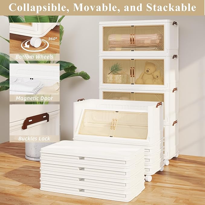 Storage Bins with Lid, 90 Gal/360 Qt Capacity, 4 Pack Large Stackable Storage Bins with Lid, White Collapsible Lidded Bins with Wheels, Foldable, Customizable, for Home Organization
