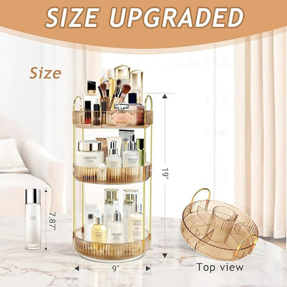 360 Rotating Makeup Organizer for Vanity,3 Tier Large Capacity Skincare Organizers,Bathroom Counter Organizer, transparent Spinning Perfume Organizer & Vanity Organizer (Gold-3 Tier)