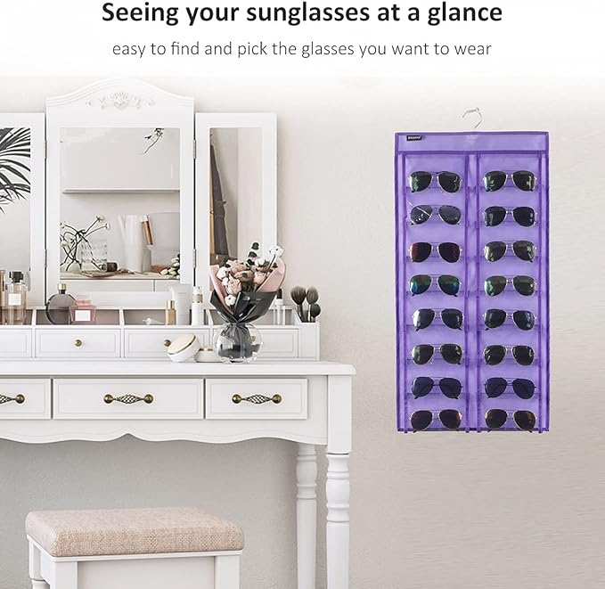 Dual Sided Hanging Sunglasses Organizer Wall Eyeglass Holder Sunglass Rack for Home with 32 Dust Proof Pockets (32 Pockets-Purple)