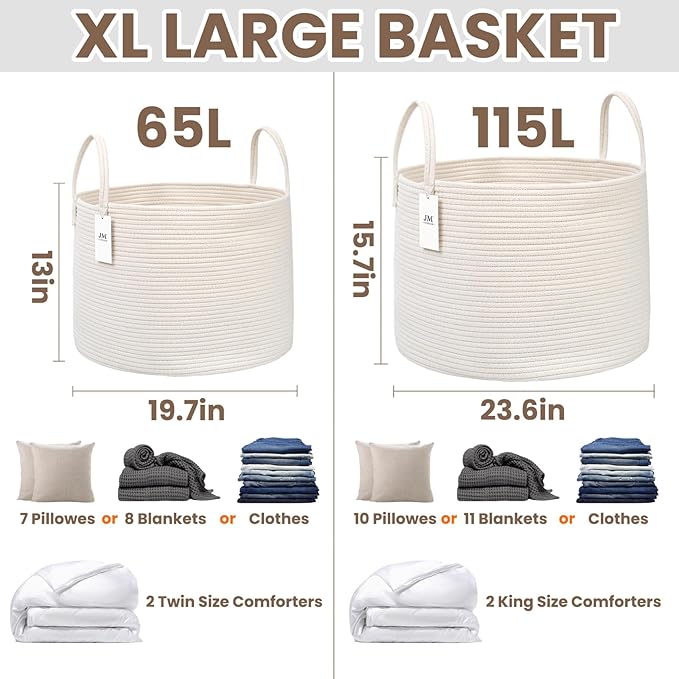 JMvicyroam 115L Extra Large Blanket Basket for Living Room - Woven Cotton Rope Laundry Hamper with Reinforced Handles - Storage Bin for Pillows, Comforters & Toys - Machine Washable,White