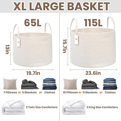 JMvicyroam 115L Extra Large Blanket Basket for Living Room - Woven Cotton Rope Laundry Hamper with Reinforced Handles - Storage Bin for Pillows, Comforters & Toys - Machine Washable,White