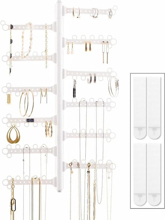 AllHungUp 12-Tier Wall Jewelry Organizer Wall Mounted Jewelry Organizer Necklace Holder Wall Mount Hanging Necklace Organizer Jewelry Hanger Wall Mounted Earring Holder Display Earring Organizer White