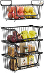 4 Pcs Stackable Wire Baskets for Pantry Organizers and Storage,Kitchen Storage Metal Baskets,Produce Potato Onion Storage Bin,Vegetable Fruit Basket for Countertop,Black