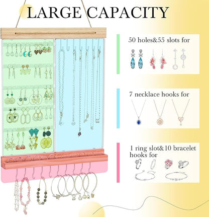 Feyejade Hanging Jewelry Organizer and Storage, 5-Tier White Earring Necklace Holder Jewelry Display Organizer Stand Rack, Wall Mounted for Earrings Necklaces Bracelets and Rings, White