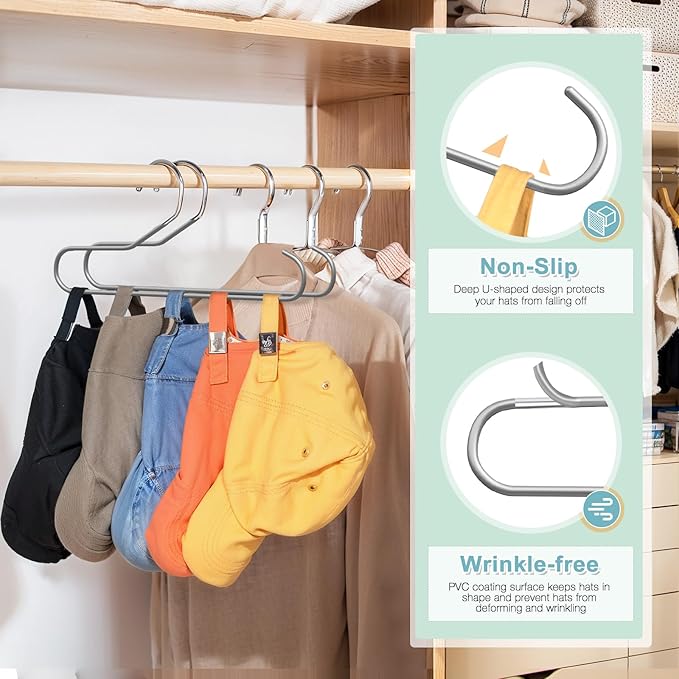 Hat Storage Organizer for Baseball Caps, Lomrsiul Non Slip PVC Coating Hat Rack Hangers for Closet Hat Holder Max 10 Hats Closet Organizers and Storage for Cap Purse Belt Tie Bra Grey 4 Pack
